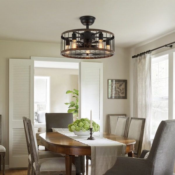20 in. Low Profile Ceiling Fan Light Modern Farmhouse Wood Finish Caged Ceiling Fan with Light and Remote Wood Grain Ceiling Fan