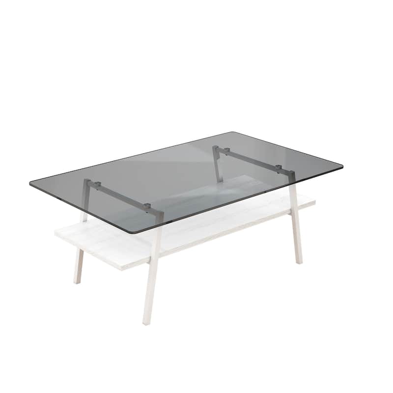Modern Coffee Table Rectangular Coffee Table with Tempered Glass Top and Storage Rack, for Living Room