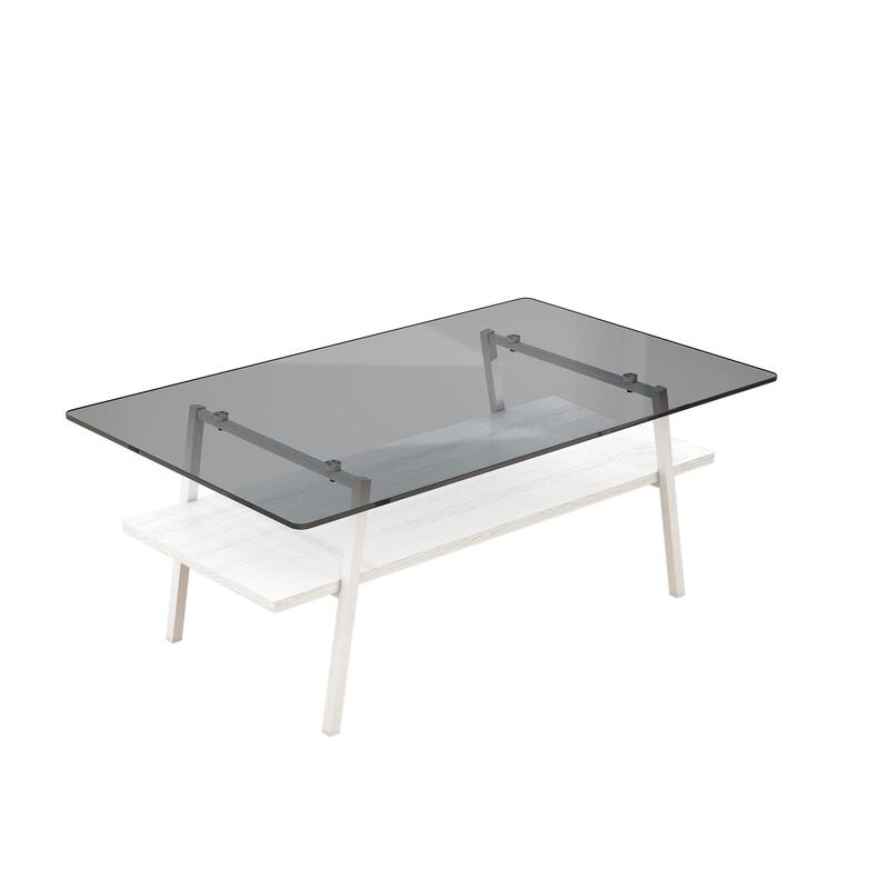 Rectangle Coffee Table, Tempered Glass Tabletop with Black Metal Legs