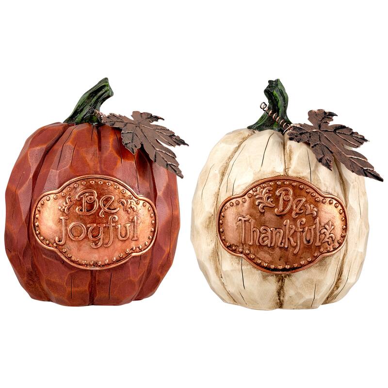 Fall Harvest "Be Joyful" "Be Thankful" Pumpkin Decorations - 7.75" - Set of 2