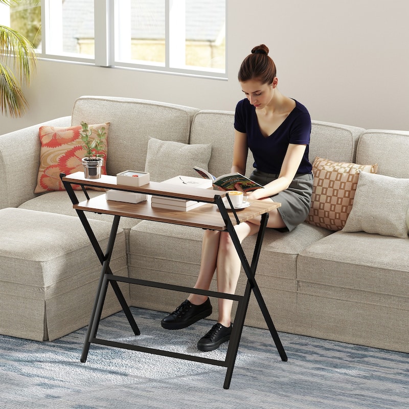 HOMCOM Small Folding Desk, 32 Inch Foldable Computer Desk with Monitor Shelf, Space Saving Portable Writing Table