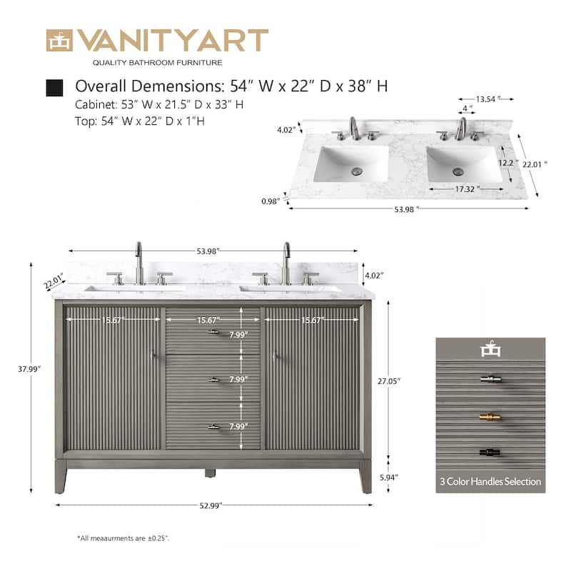 Vanity Art 54" Freestanding Bathroom Vanity with Engineered Marble Top and Sinks
