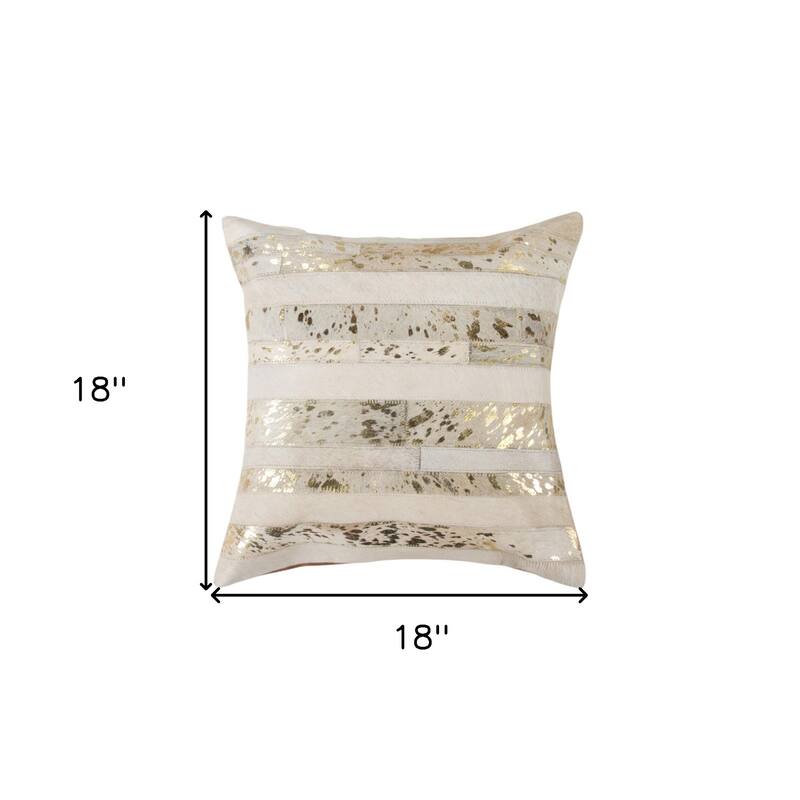 Set of Two 18" Natural and Gold Striped Cowhide Throw Pillows with Glitter