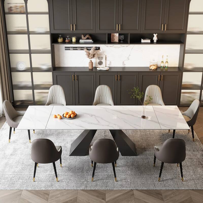 9 - Piece 110.24'' Extendable Sintered Stone Dining Table and 8 Leather Chairs Dining Set - Snow Mountain White