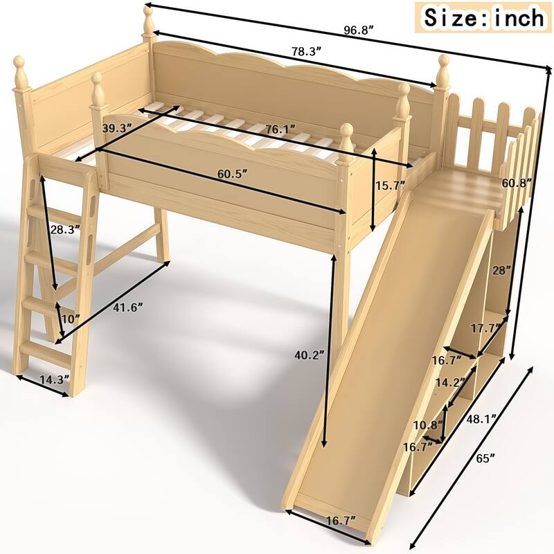 Twin Loft Bed with Storage Shelves and Wardrobe, Solid Wood Loft Beds with Detachable Slide and Ladders, No Spring Box Needed