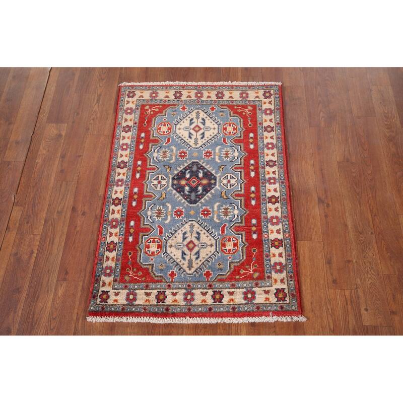 Blue Geometric Kazak Foyer Rug Handmade Traditional Wool Carpet - 2'1" x 2'11"