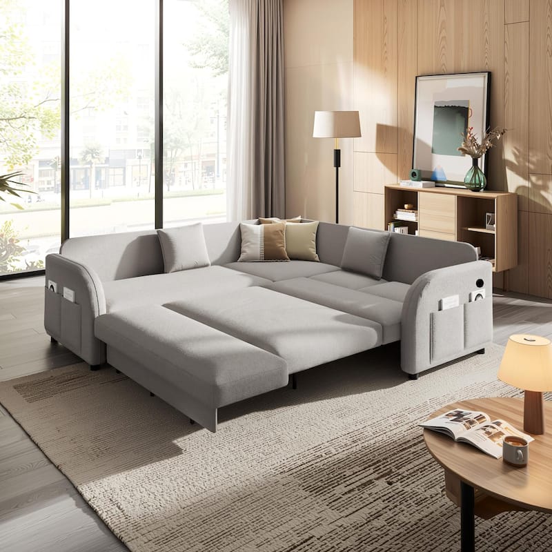 Homy Casa 85"/115" L-Shaped Sectional Sofa Bed USB & Side Pocket, Teddy Fabric Pull-Out Sleeper, Reversible Chaise, Multi Colors