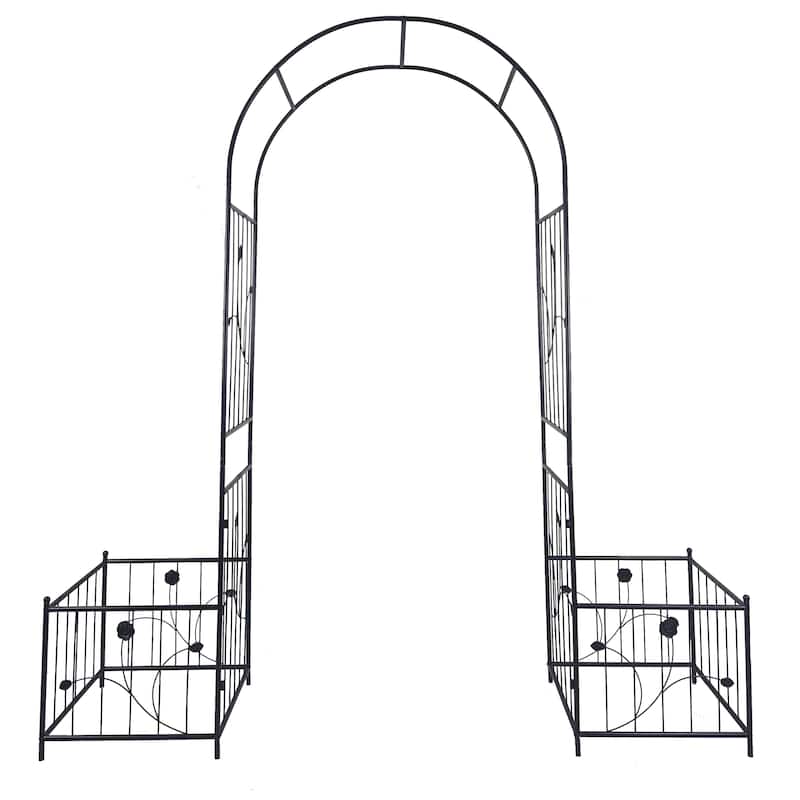 Metal Garden Arch with two plant stands 79.5'' Wide x 86.6'' High Climbing Plants Support Rose Arch Outdoor Black