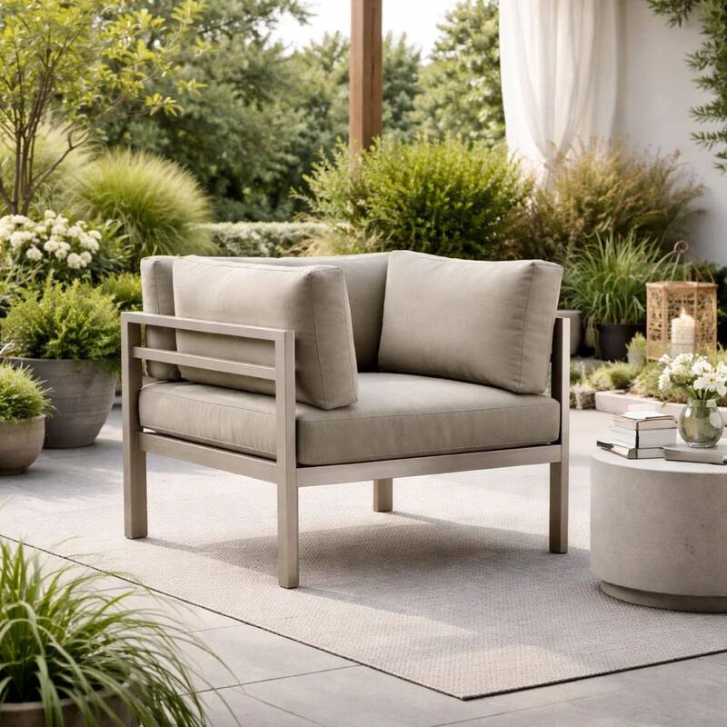 Cilo 34 Inch Outdoor Armchair, Gray Aluminum, Water Resistant Cushions