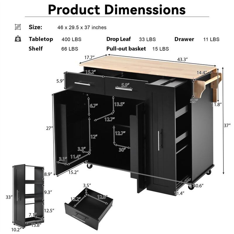 Kitchen Island with Drop Leaf and 3 Tier Pull Out Cabinet Organizer, Rolling Kitchen Cart on Wheels w/ 2 Drawers & Storage Rack