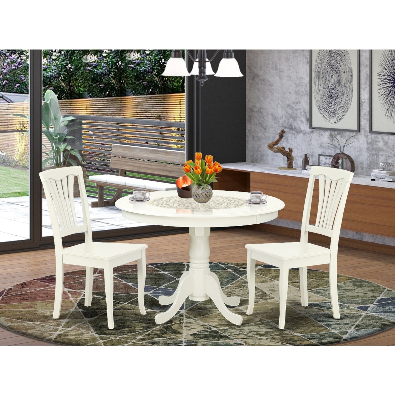 Round Dining Table Set - 42 Inch Table with 2 Modern Chairs - Linen White Finish