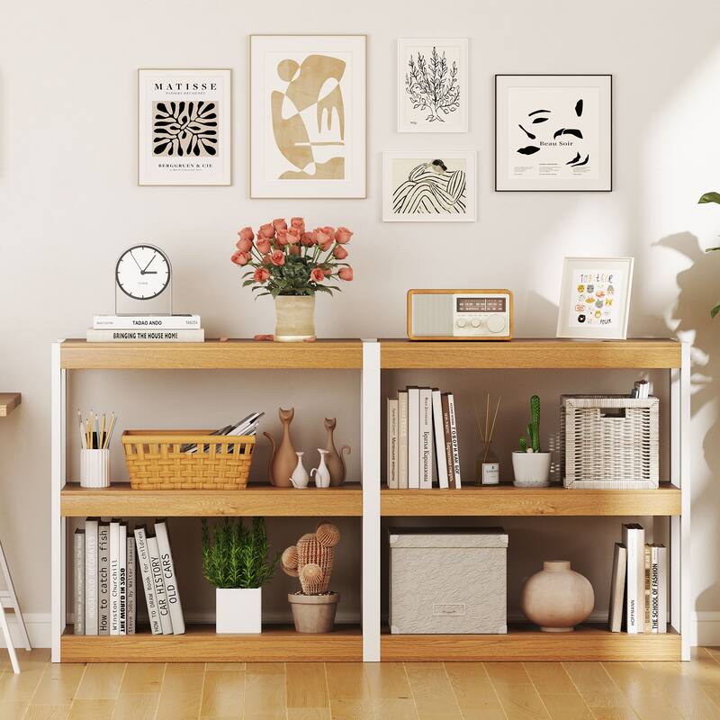 Gymax 2 PCS 3 Tier Bookshelf Wooden Bookcase w/ Dual Anti-Tipping Kits