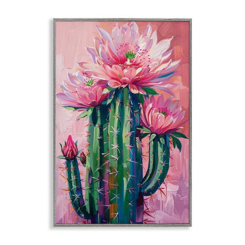 Stupell Pink Blossomed Cactus Framed Giclee Art Design By LSR Design Studio - 12 x 18 - Grey