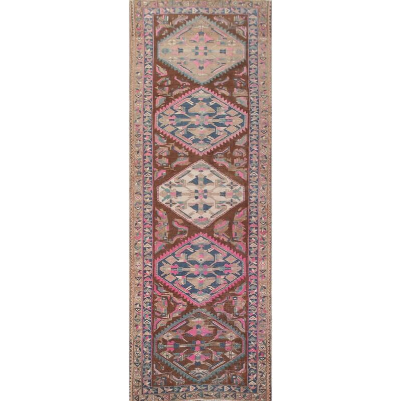 Hand Knotted Oriental 100% Wool Carpet Traditional Geometric Brown Heriz Runner Rug - 10' 11'' X 3' 9''