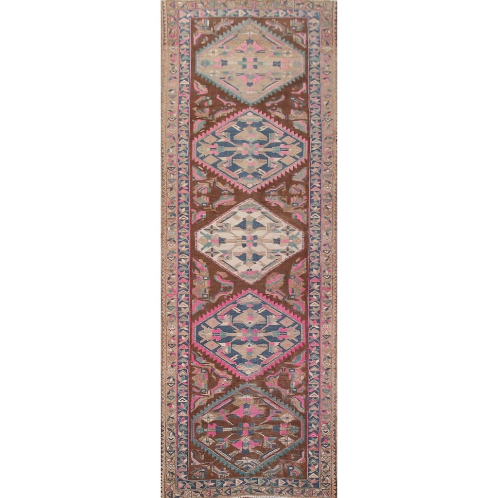 Hand Knotted Oriental 100% Wool Carpet Traditional Geometric Brown Heriz Runner Rug - 10' 11'' X 3' 9''