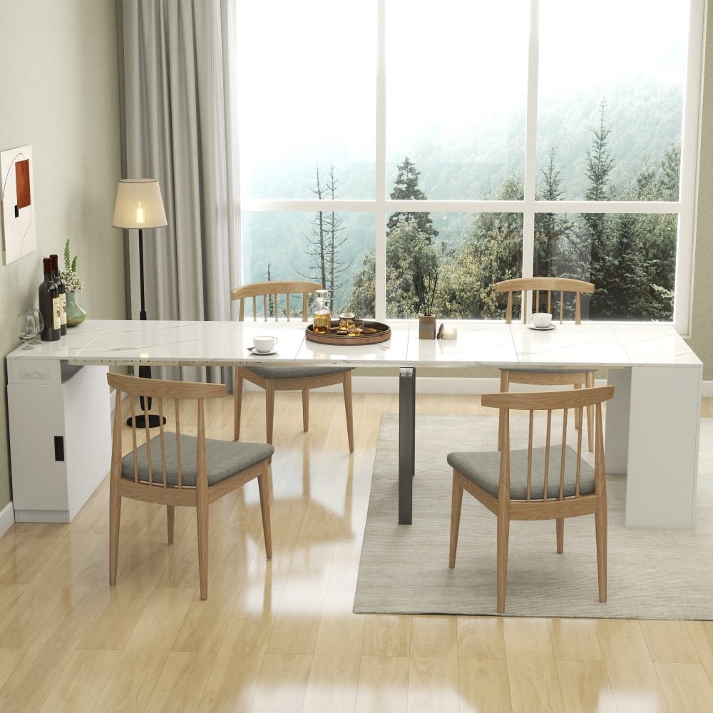118.11" Modern Wood Multifunctional Extendable Dining Table with Outlet and Storage