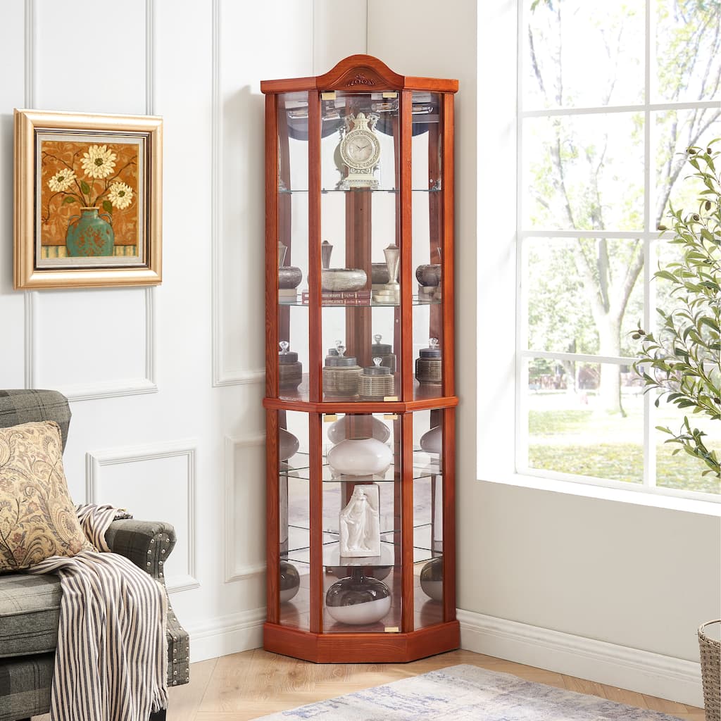 Lighted Display Curio Cabinet, Corner Wooden China Cabinet, Wine Bar Cabinet with Tempered Glass Door & Adjustable Shelves