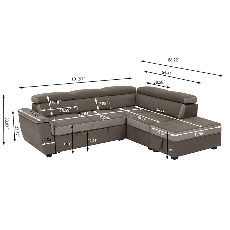 L Shaped Sectional Sofa with Pull Out Bed and Storage Compartment