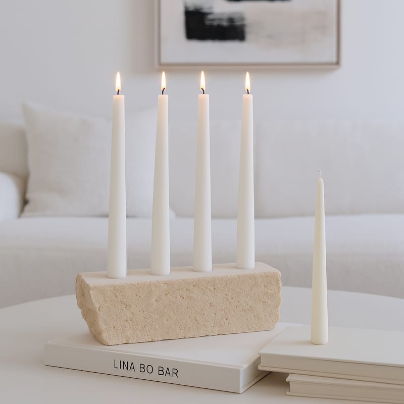 Tan 10 in. Travertine Modern Live Edge 4-Taper Candle Holder - 10.0"