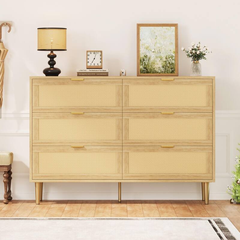 6 Drawer Rattan Dresser for Bedroom, Wide Double Dresser Chest of Drawers