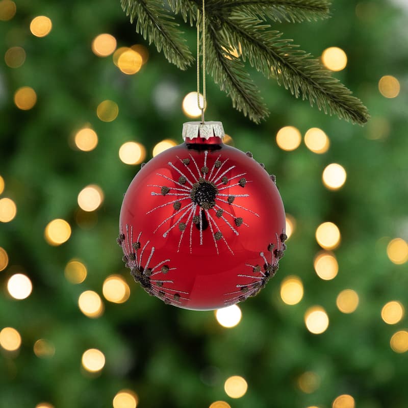 3.5" Red and Brown Beaded Bursting Snowflake Glass Christmas Ball Ornament
