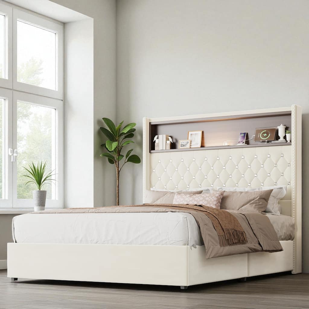 Full/Queen Velvet Tufted Bed Frame with 52" Wingback Headboard, USB Port, Night Light, Rivet Trim & Headboard Shelf