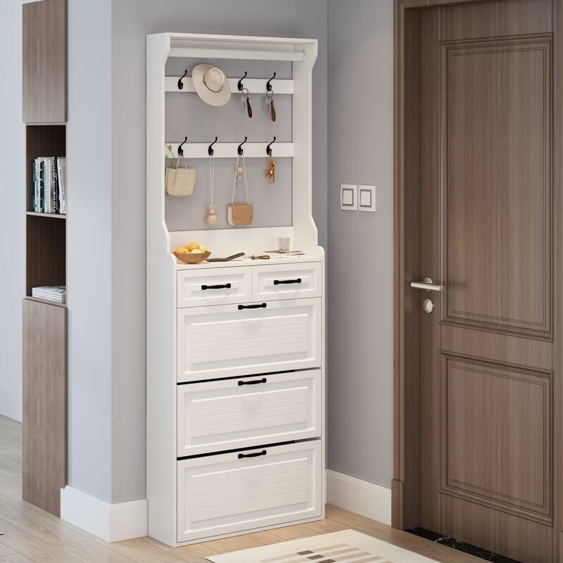 Anmytek Multifunctional White Shoe Cabinet 3 Doors 2 Drawers with Hanger Large Storage Space - White
