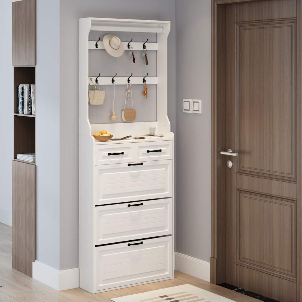 Anmytek Multifunctional White Shoe Cabinet 3 Doors 2 Drawers with Hanger Large Storage Space