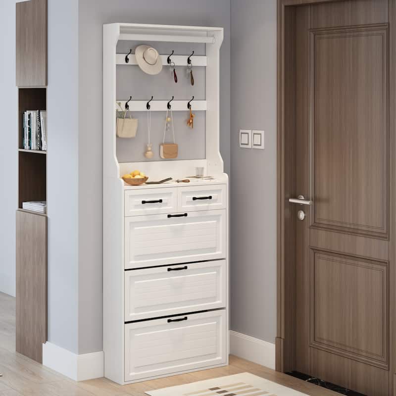 Shoe Cabinet With 3 Doors 2 Drawers With Hanger, Large Space For Storage - White