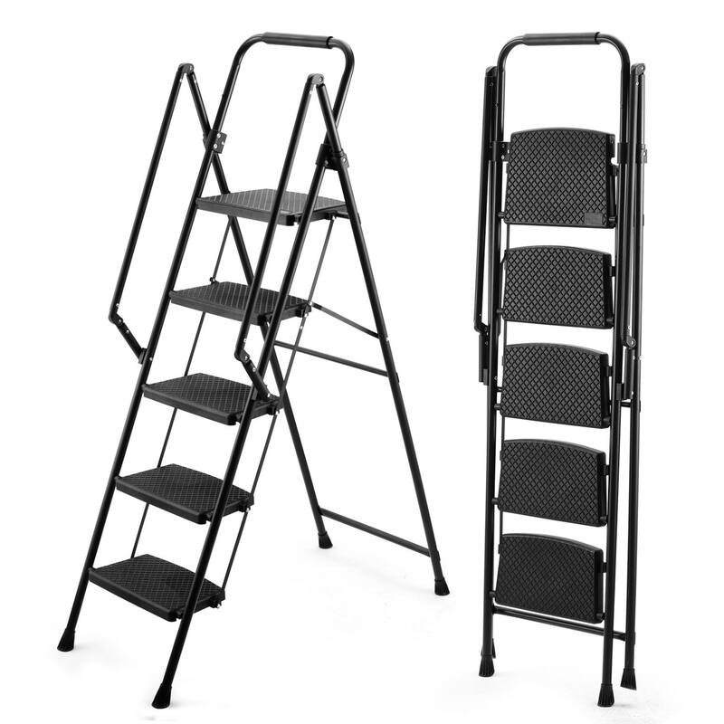 Anmytek 5 Step Folding Ladder Stool Steel Anti Slip Wide Pedals White Lightweight 330 Lb - Black - Plastic/Iron