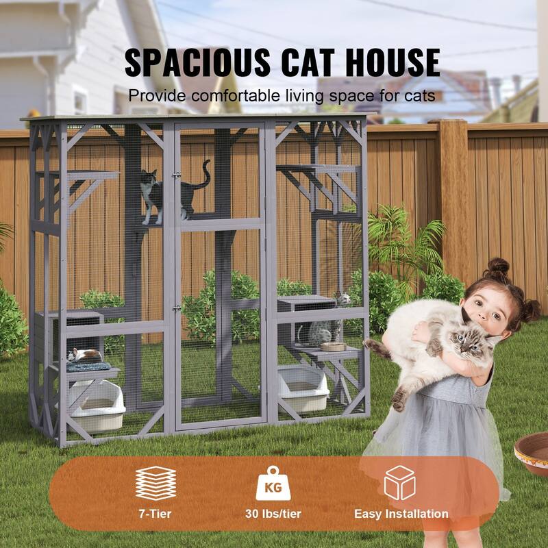 Gray Fir Wood Mesh Catio with 3 Tiers, 1 Door & Waterproof Roof