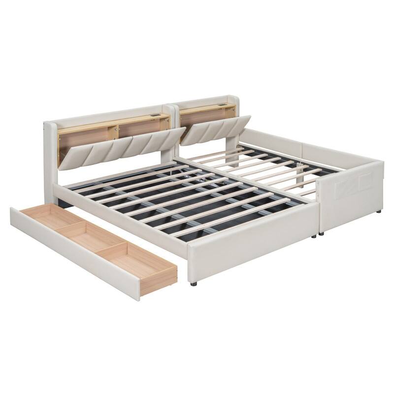 Queen Size/Twin XL Size Upholstered Platform Bed Frame with Hydraulic Storage System, Drawer,Shelves and UPS Ports