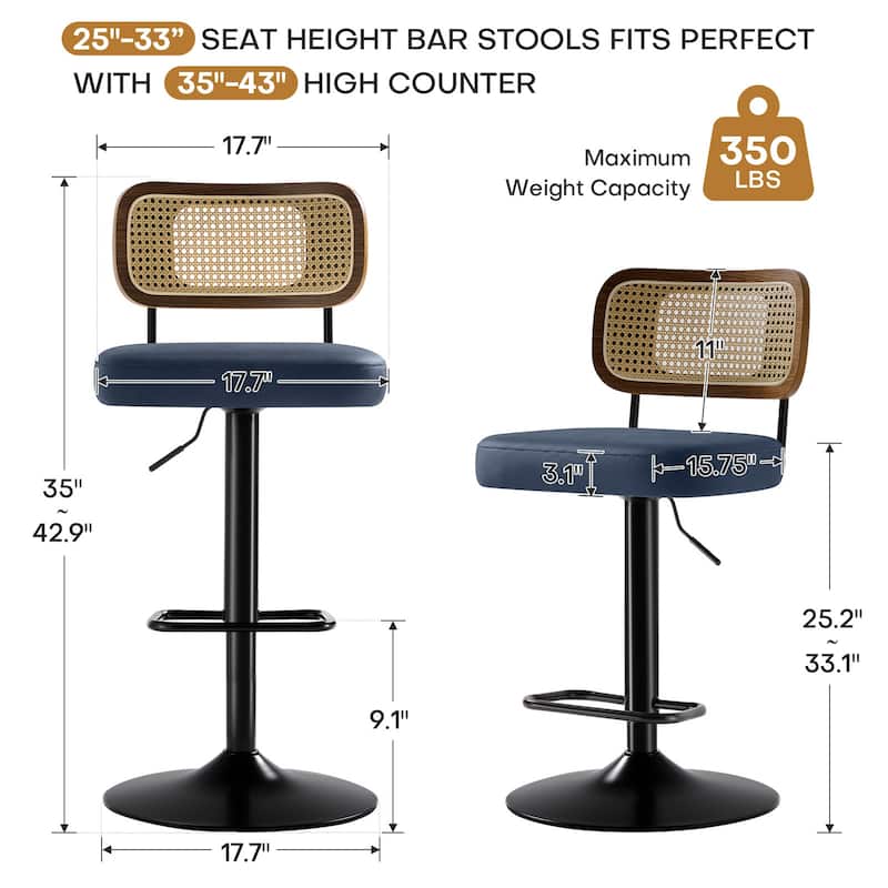 Adjustable Height Swivel Bar Stools with Back and Footrest - 17.7"W x 15.75"D x 35"-42.9"H