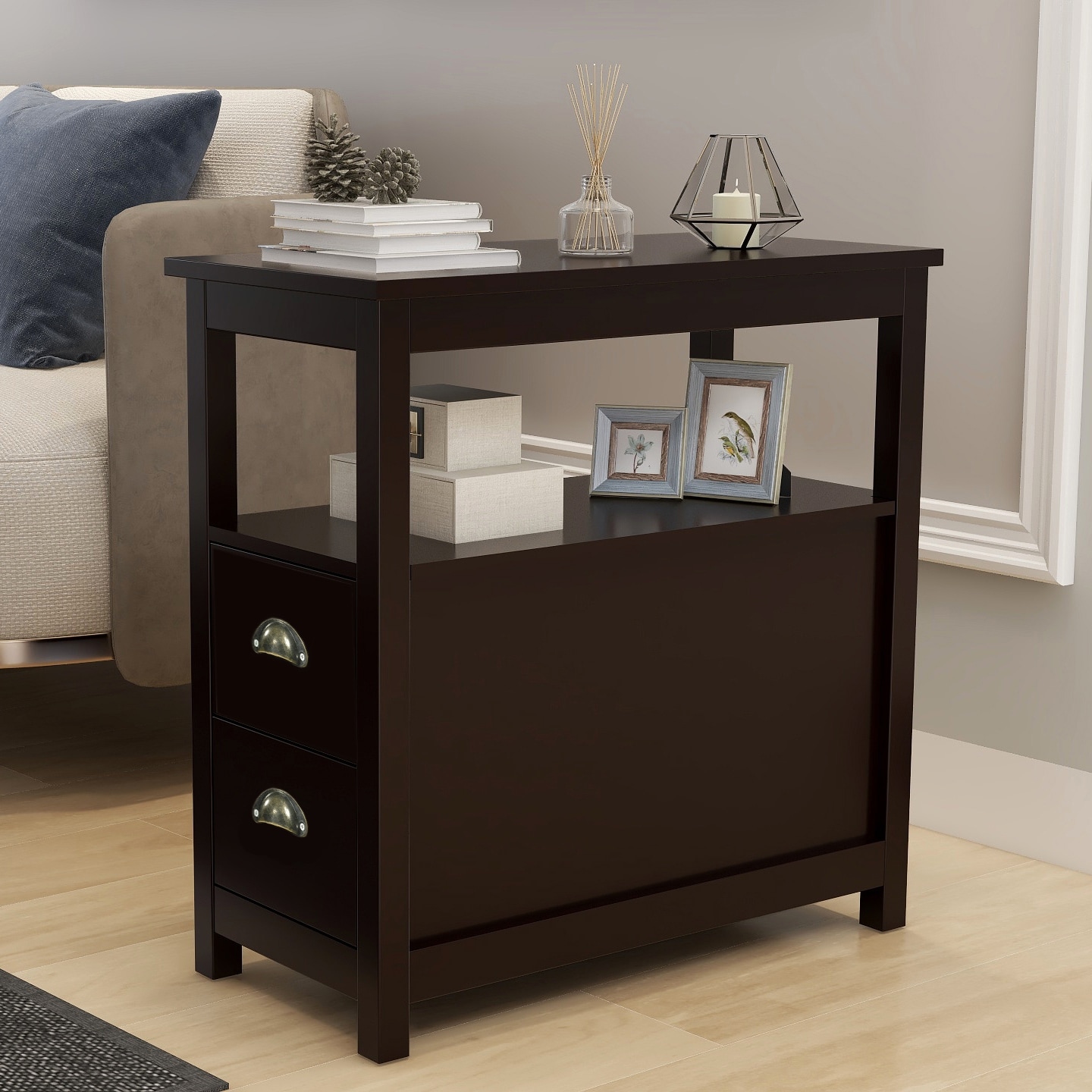 Bedroom End Table with Open Storage, Nightstand with Drawers - Brown
