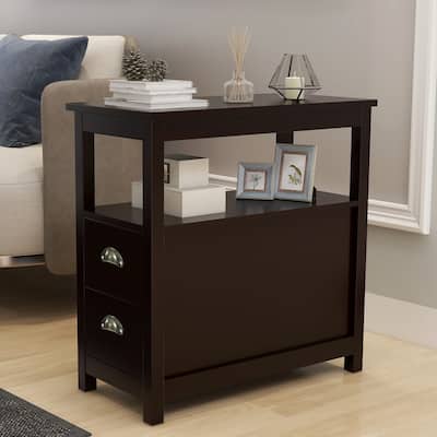 Narrow Side Table Storage Cabinet Coffee Table Snack with 2 Drawers & 2 Open Shelves Bedside Table Cocktail Table for Bedroom