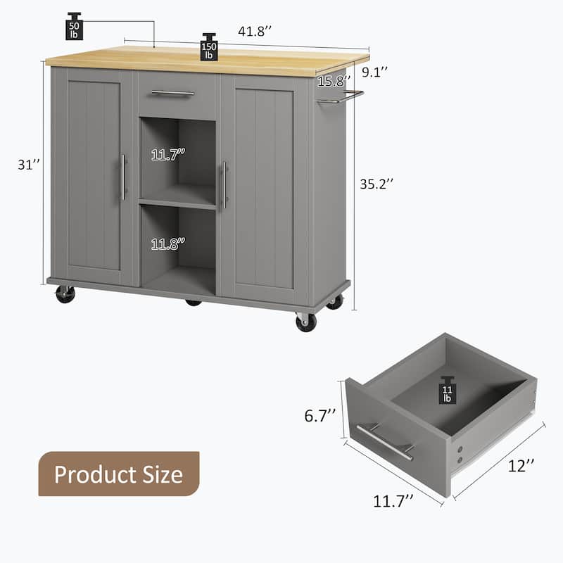 2-Door Kitchen Island with Drawer & Drop Leaf - Mobile Storage Cart on Lockable Wheels for Kitchen, Dining Room, Bar