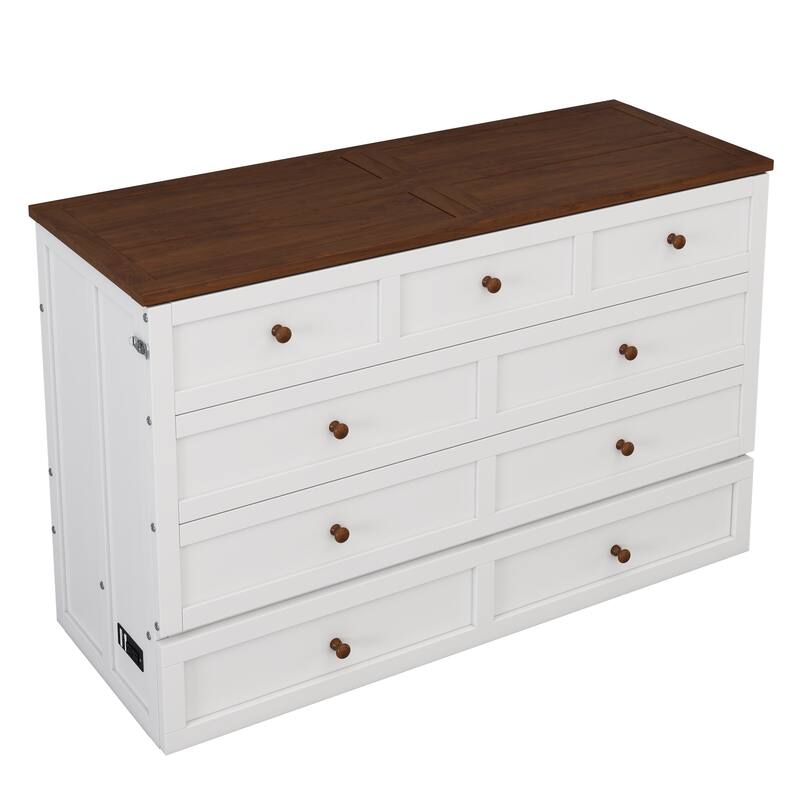 Merax Queen Murphy Bed With USB Port, Queen Murphy Cabinet, Space Saving, Solid Wood, White