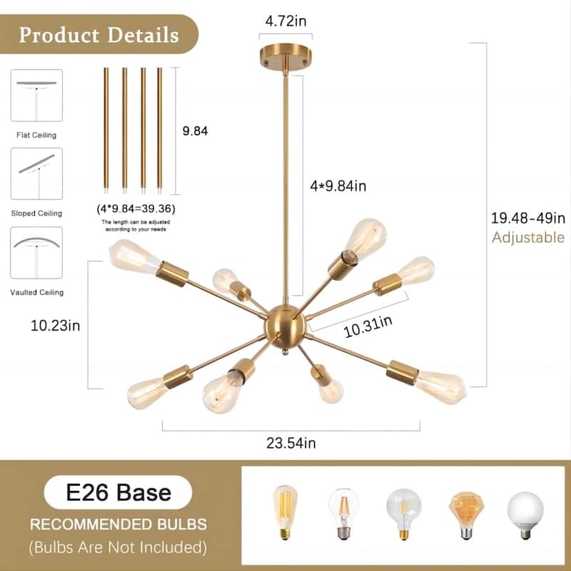 8-Light 23.54-inch Sputnik Chandelier Light for Bedroom Living Room