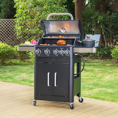 4-Burner Propane Gas BBQ Grill with Side Burner, 46,700 BTU, Porcelain-Enameled Grates, Black
