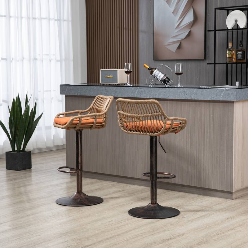 360° Swivel Bar Stools Set of 2, Adjustable Counter Height Chairs with Footrest, Rattan Bar Chairs with Cushions