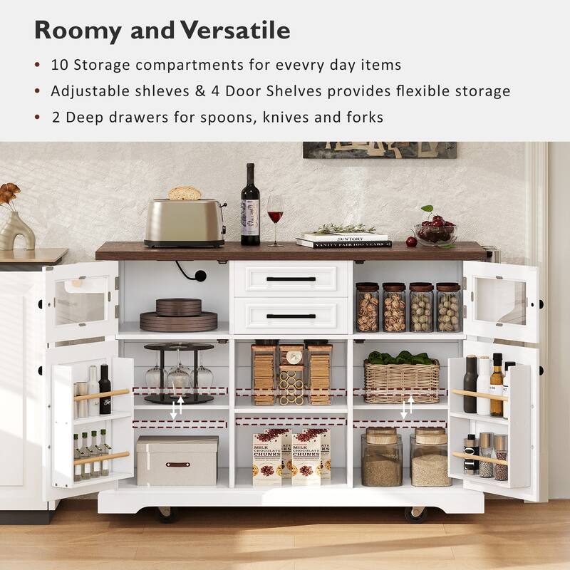 Farmhouse 54.9" Kitchen Island with Drop Leaf and Power Outlet, Stylish Storage Cart with Barn Doors