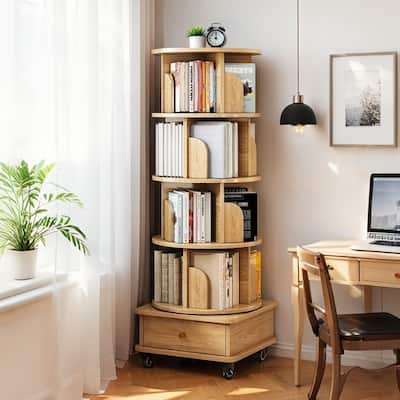 5 Tier Rotating Bookshelf, 360° Display Round Spinning Bookshelf with Wheels