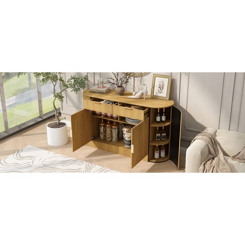 Roomfitters 55.1" Oval Sideboard Buffet Cabinet with 2 Drawers & Wine Rack, Mid-century Modern Fluted Accent for Dining