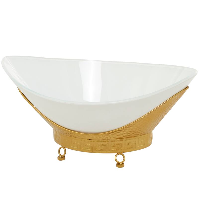 CosmoLiving by Cosmopolitan Glass Kitchen Serving Bowl with Gold or Brown Metal Stand and Ring Feet - Clear or White