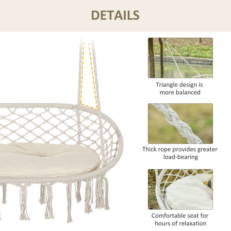2-Person Hammock Chair Macrame Swing with Soft Cushion Hanging Cotton Rope Chair