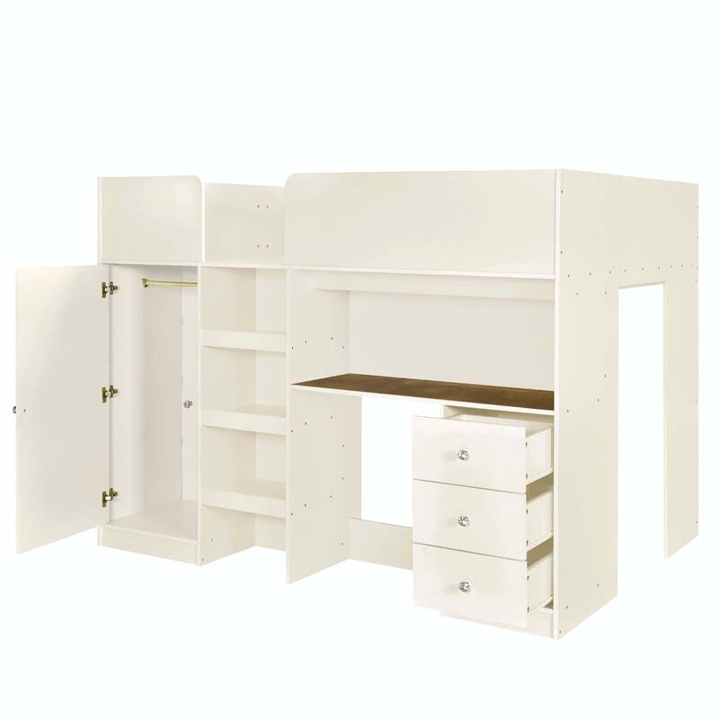 Wood Full Size Loft Bed with Built-in Wardrobe, Desk, Storage Shelves and Drawers