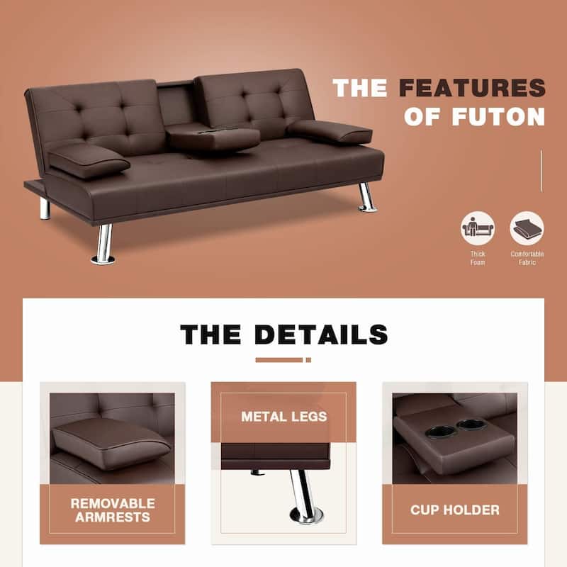 Furniwell Modern Faux Leather Futon with Cup Holders & Pillows, 65"