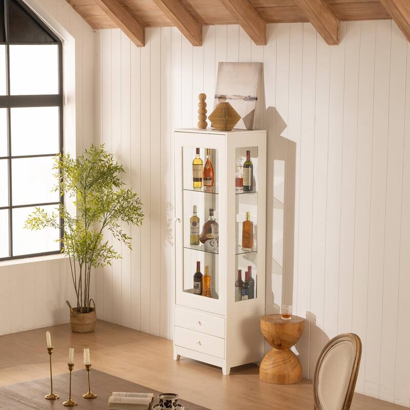 71" Freestanding Display Cabinet with 2 Drawers, Adjustable Glass Shelves and 5-Color LED Ceiling Light