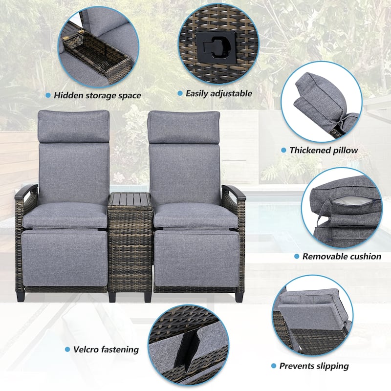 Adjustable Backrest Patio Recliner Wicker Outdoor Lounge Chair Set with Acacia Wood Armrests and Built-in Storage Table