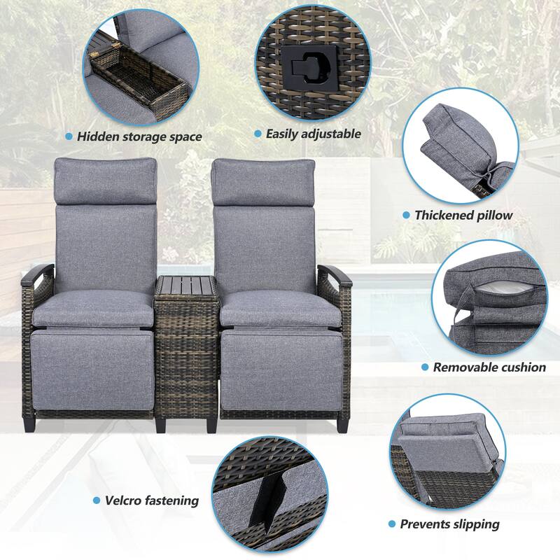 Patio Recliner Loveseat Chair with Adjustable Backrest, Armrests & Built-in Storage